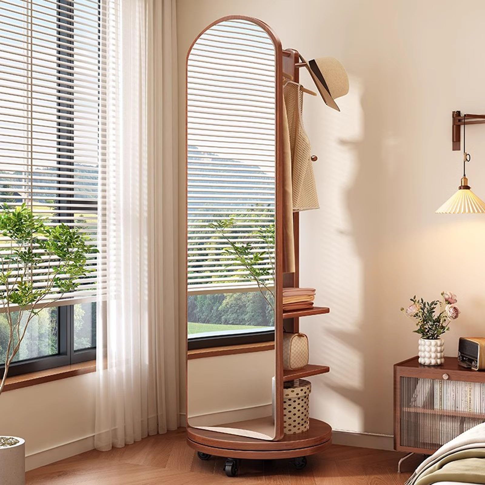 Miroir intégral rotatif 360 en bois avec porte-manteau et roues pour chambre