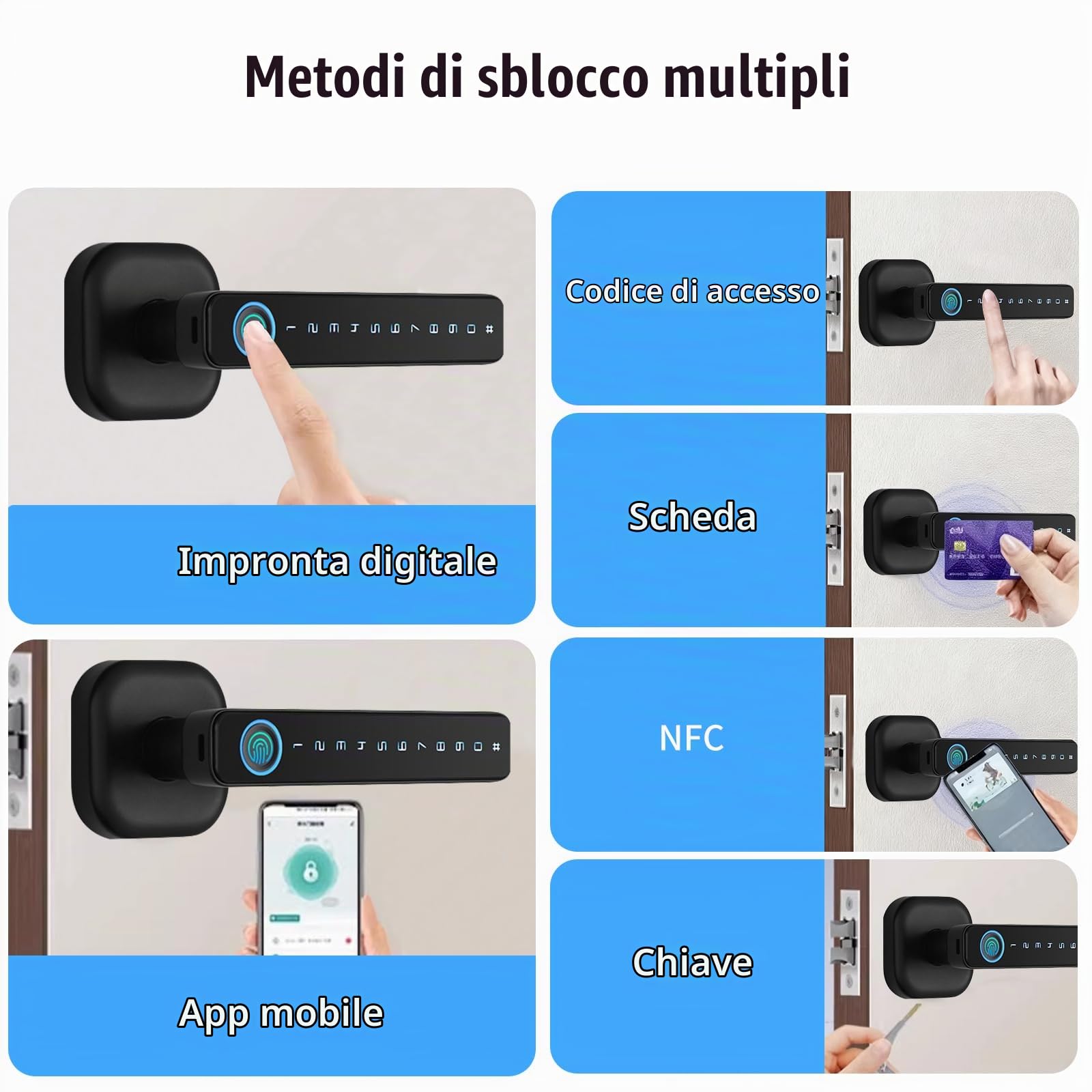 Serratura Intelligente per Porta, 5 in 1 Serratura Elettronica con Impronte Digitali, Telecomando App, Scheda IC, Codice Chiave, Chiave, Serratura Intelligente per Casa