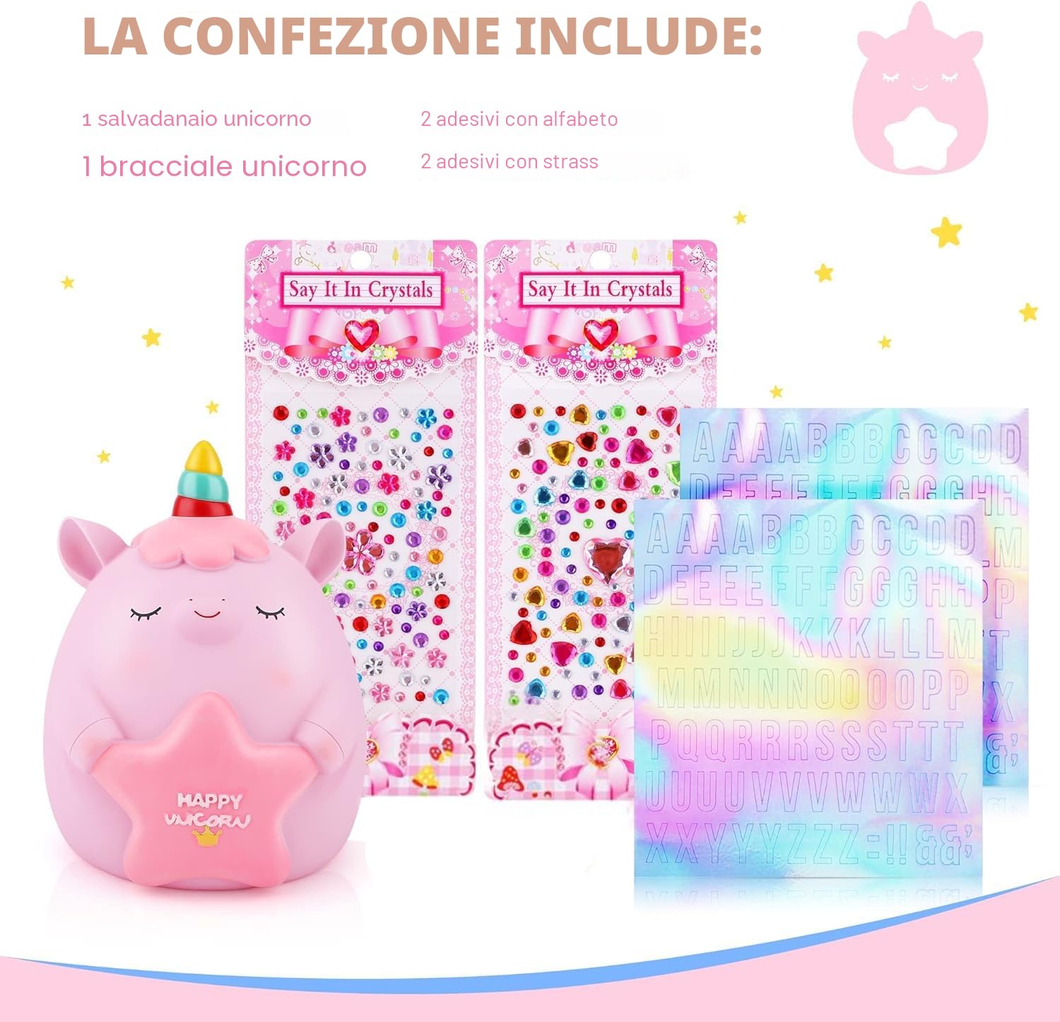 TCJJ Salvadanaio Per Bambini, Salvadanaio A Forma Di Unicorno Per Ragazza, 2 Lettere Dell'Alfabeto E 2 Adesivi Con Strass E Braccialetto Con Unicorno, Regalo Per Compleanno, Natale