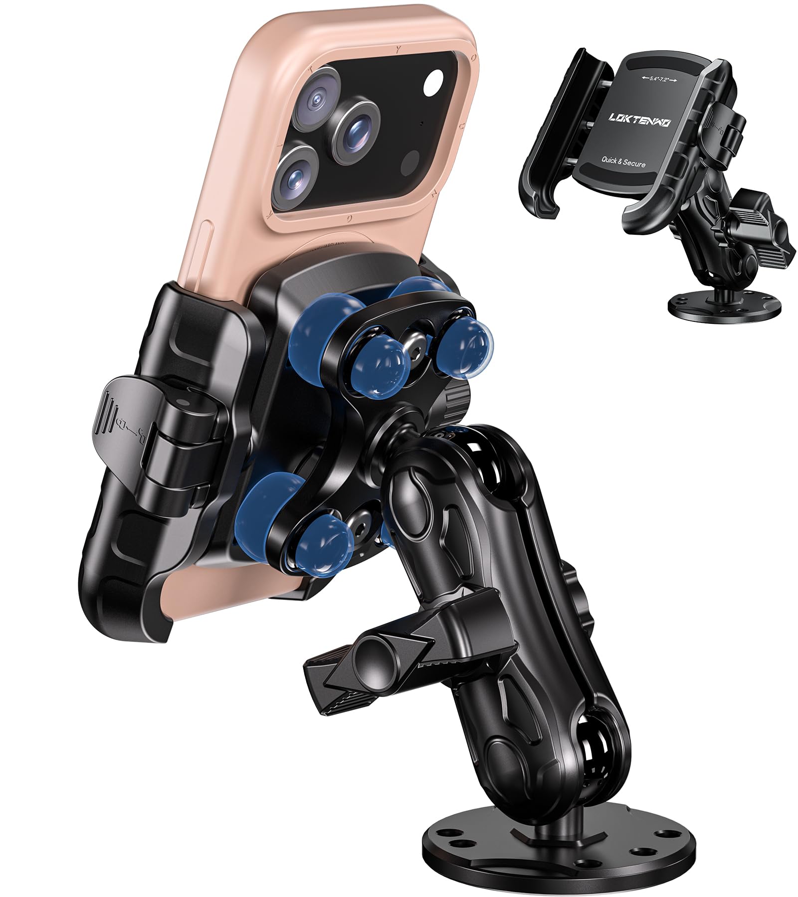 LOKTENWO Anti-Vibrations-Telefonhalterung mit Vibrationsdämpfer [Kamera ohne Blockierung] [1s Lock & Release] mit mittlerem Arm und runder Aluminium-Basis für Auto, LKW, UTV, Boot, passend für