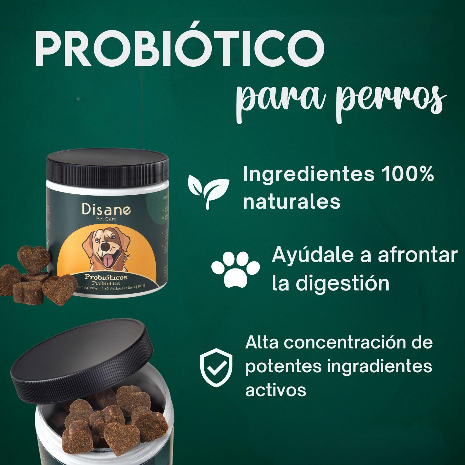 Disane Probióticos para Perros Natural | Complemento Alimenticio para la Mejora de la Flora Intestinal, Bienestar Digestivo, Diarrea, Alergias Antipicores | Sabor Carne | 60 Unidades