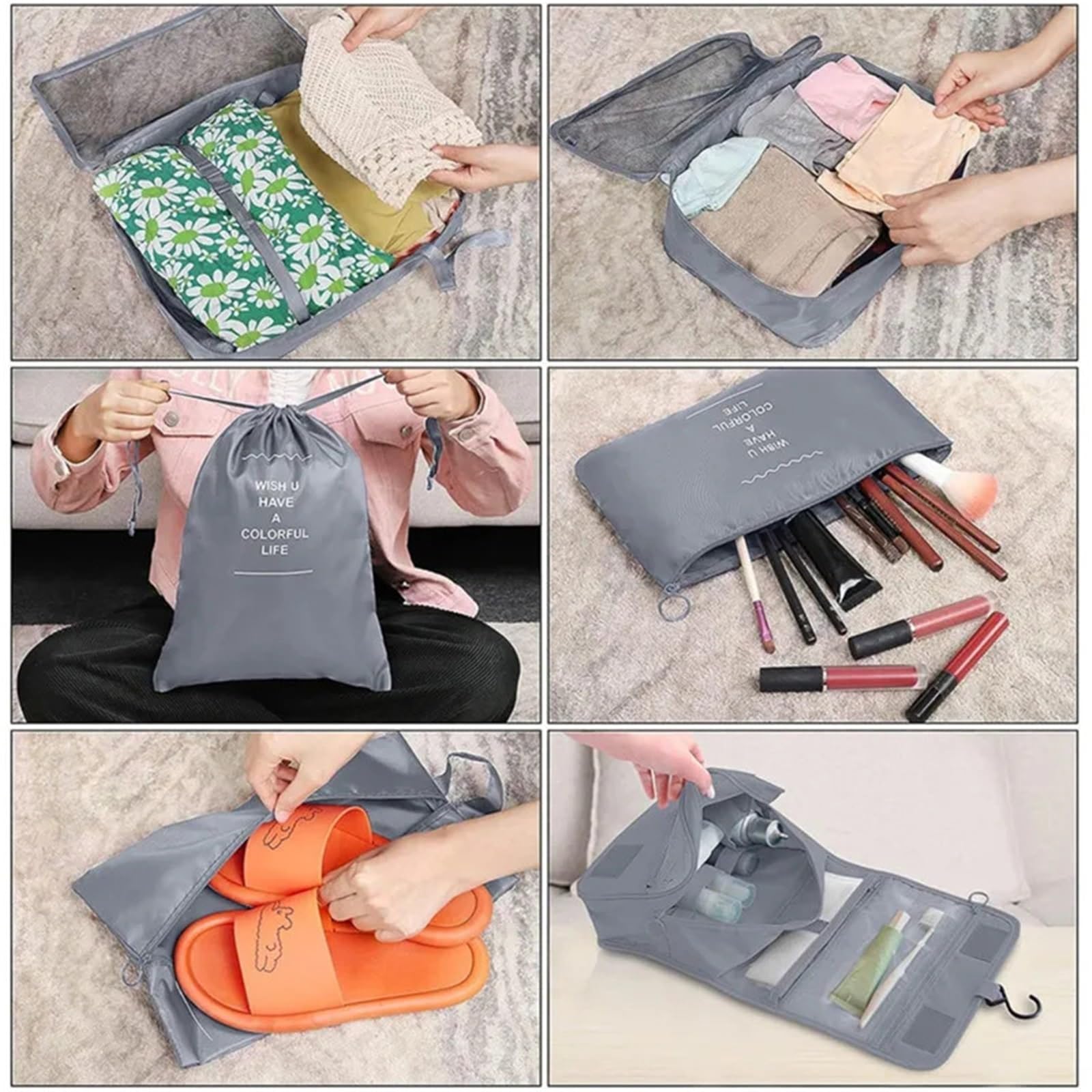 7pcs Travel Storage Bag Suitcase Luggage Clothes Sorting Organizer Set Portable Wardrobe Shoe Pouch para Ropa, Ropa Interior(7pcs dark blue)