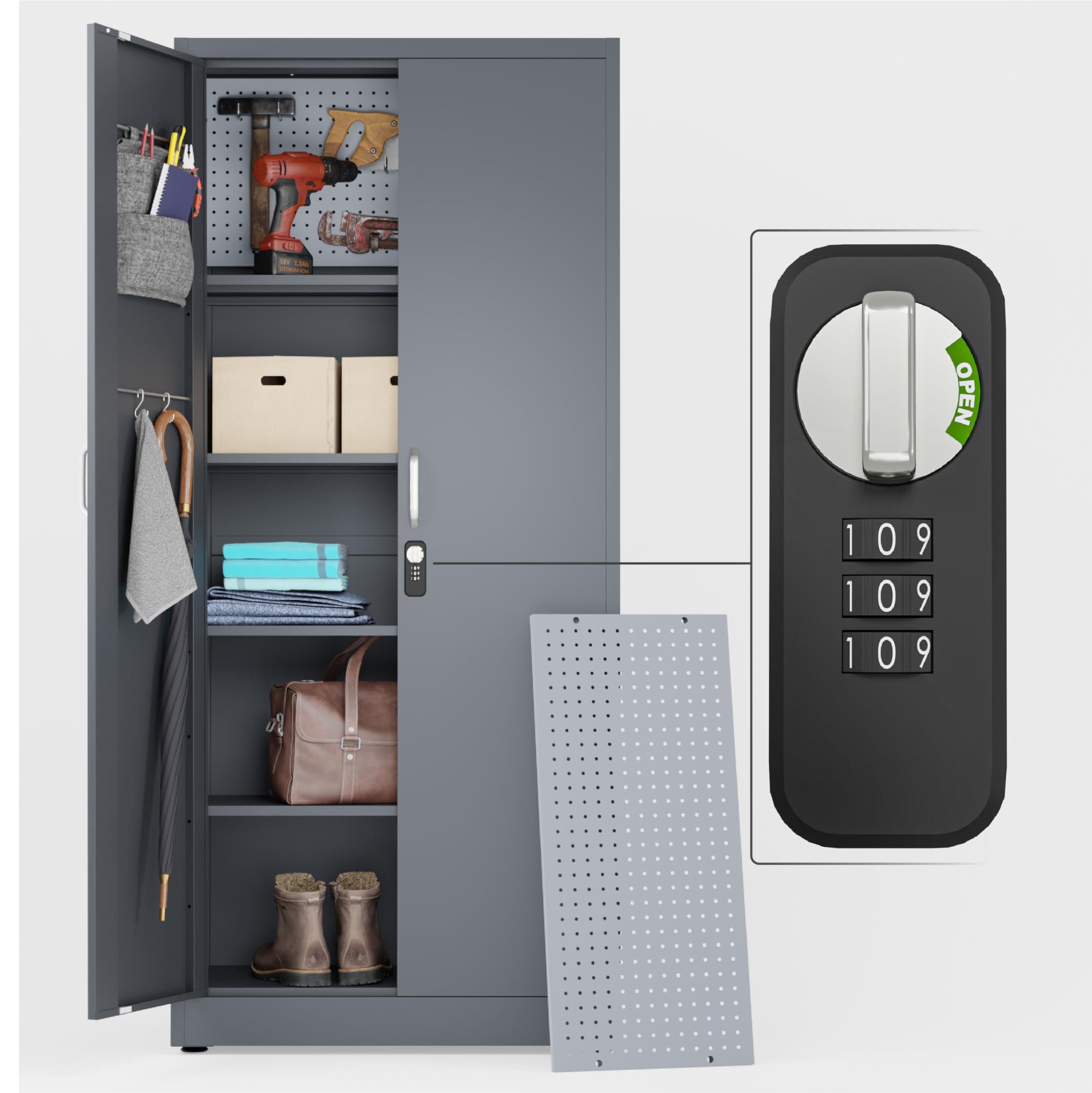 Locking Metal Garage Storage Cabinet with Doors and Shelves | 71" Lockable Tool Cabinet | Metal Cabinets for Office, Home, School (71" Combination Lock, Dark Gray)