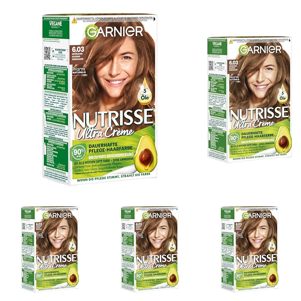 Garnier Nutrisse Ultra Creme Dauerhafte Pflege-Haarfarbe 6.03 Natürliches Goldenes Dunkelblond mit bis zu 100 Prozent Grauabdeckung (Packung mit 5)