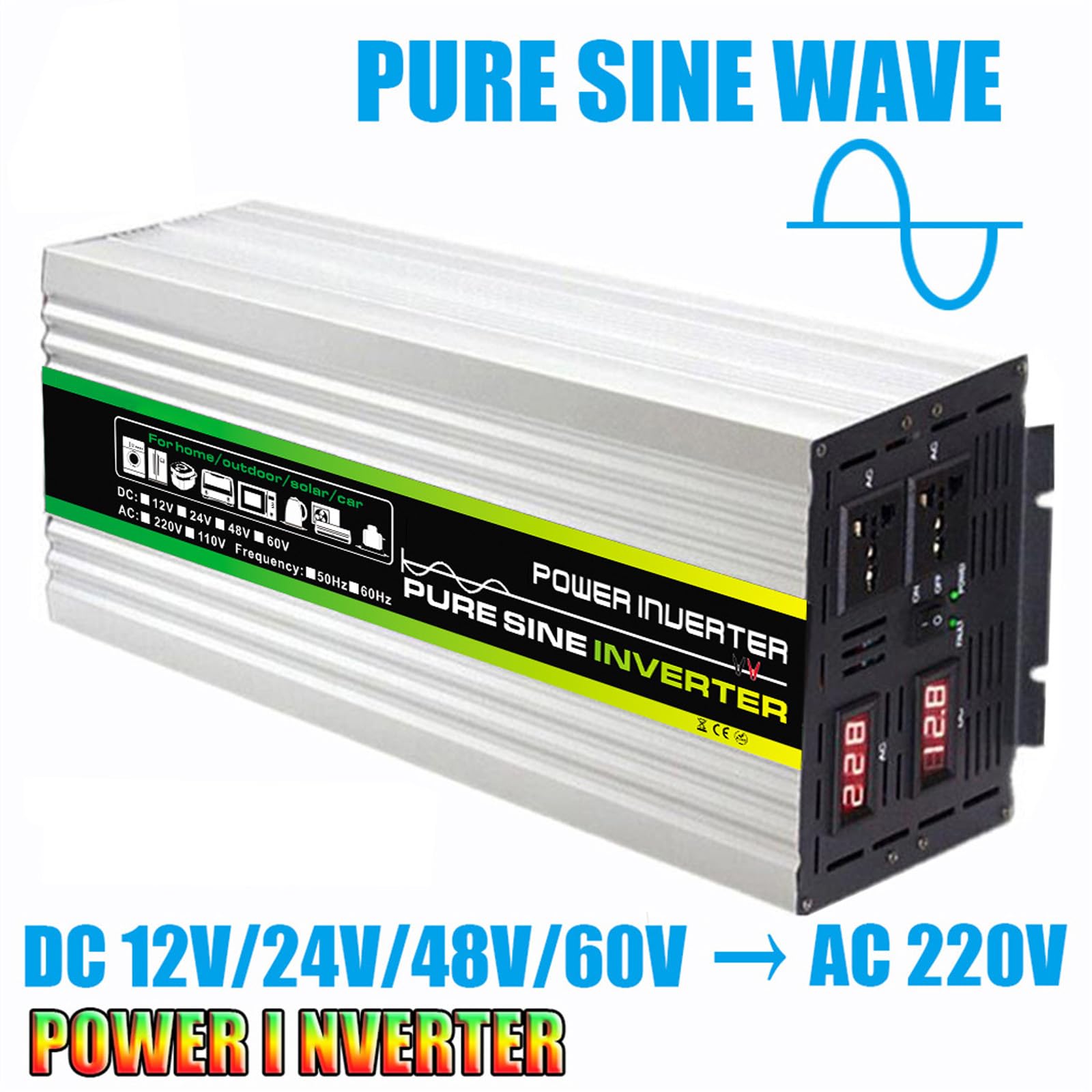 Falownik 3000W Przetwornice Samochodowe Do Pojazdów Ciężarówka Z Portem ładowania USB,Przetwornica 12V/24V/48V/60V Na 220V Przetwornica Z Gniazdami Prądu Przemiennego Inwerter(Size:60V)
