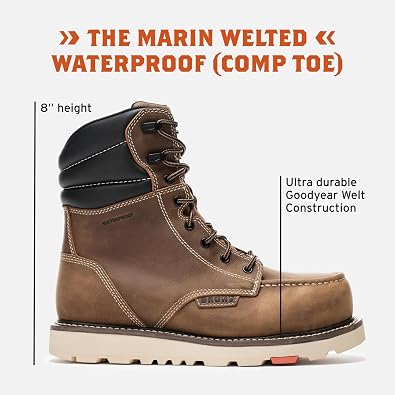 BRUNT Marin Welted (Comp Toe) - 8 Waterproof Safety Toe Wedge Work Boot - Goodyear Welt Construction - EH & ESR Rated - Oil & Slip Resistant - Adjustable Width System