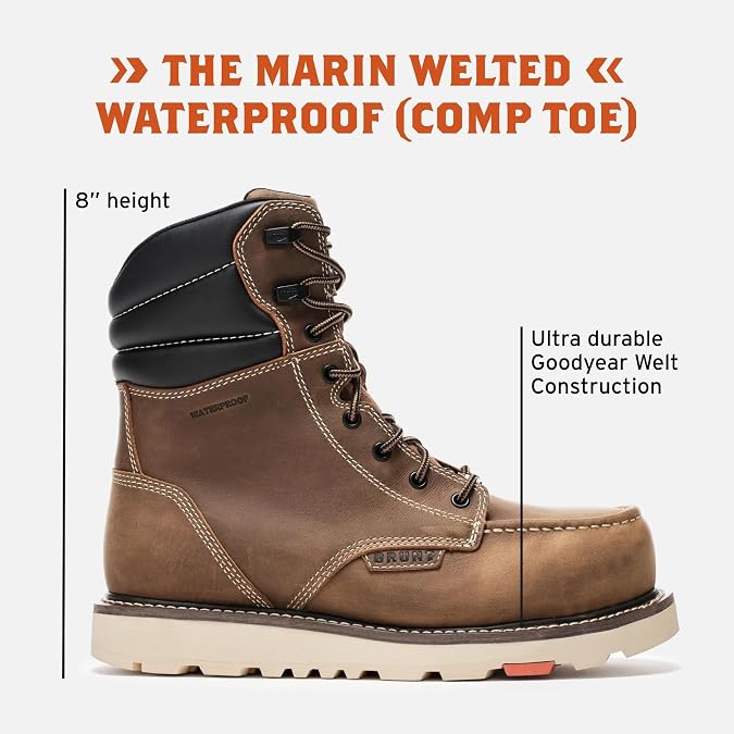BRUNT Marin Welted (Comp Toe) - 8 Waterproof Safety Toe Wedge Work Boot - Goodyear Welt Construction - EH & ESR Rated - Oil & Slip Resistant - Adjustable Width System