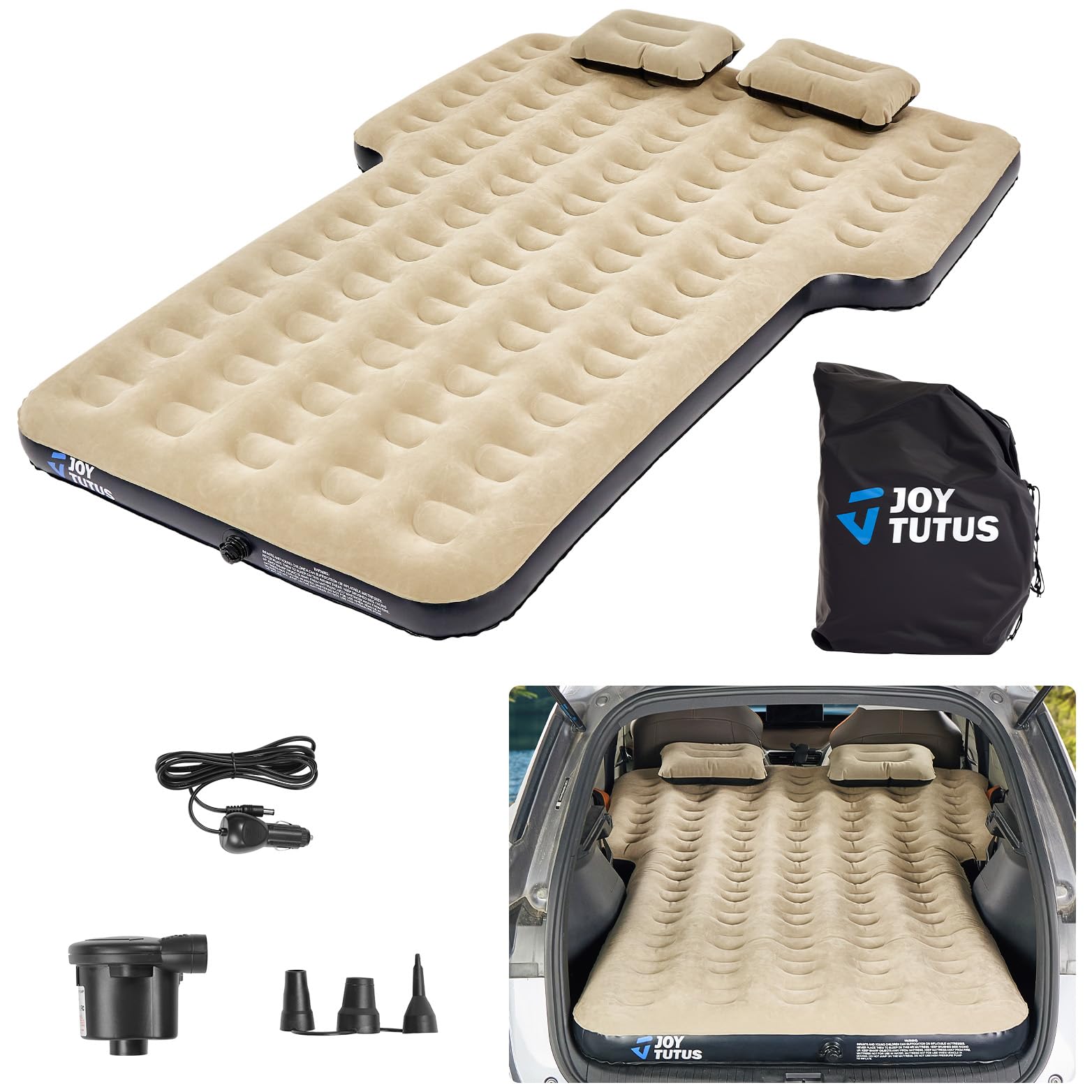 JOYTUTUS SUV Air Mattress Camping Bed,3.0 Thickened Flocking Car Camping Inflatable Mattress,Anti-Leakage,with 2 Pillows & Electric Pump Universal Car
