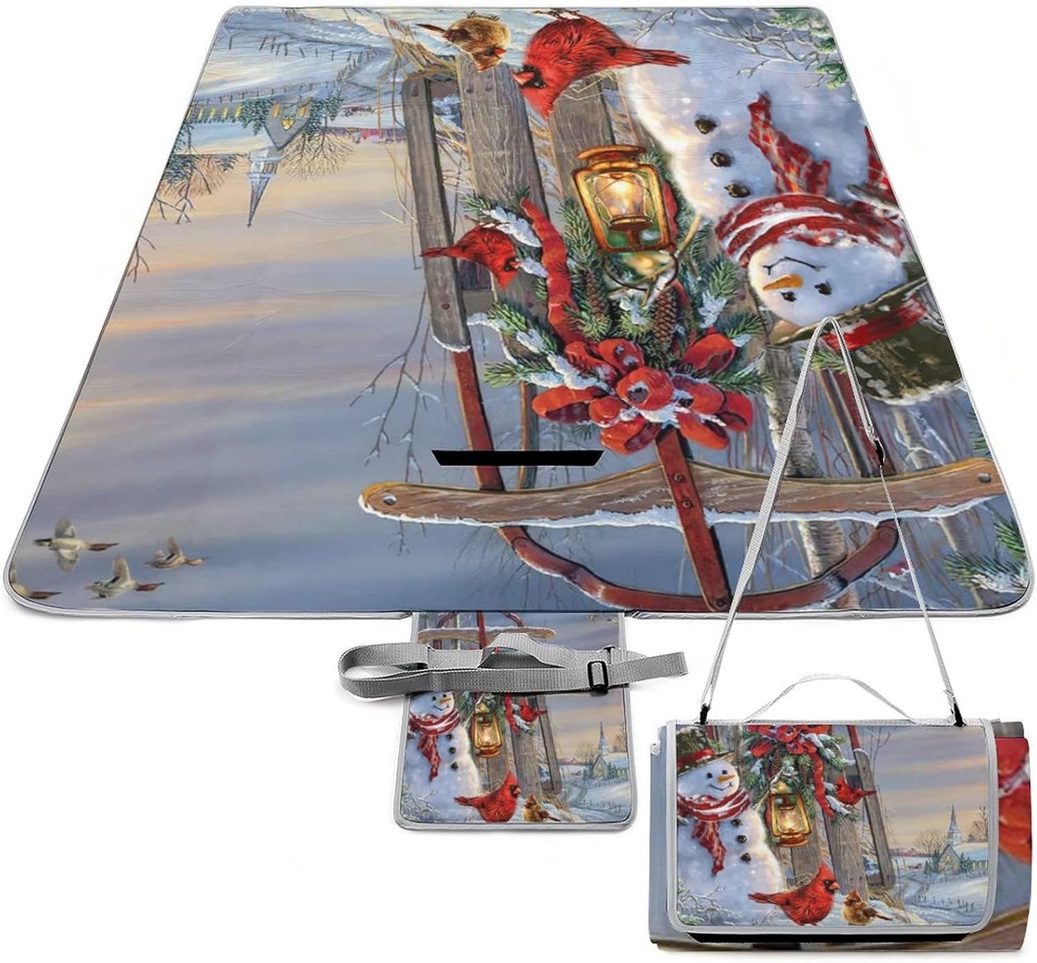 Fantasy Rural Farmhouse Soft Waterproof Folding Picnic Blanket Retro Oil Painting Winter Snowman Bells Bird for Sandproof for Camping Travelling Hiking 58.3x58.3 Inch