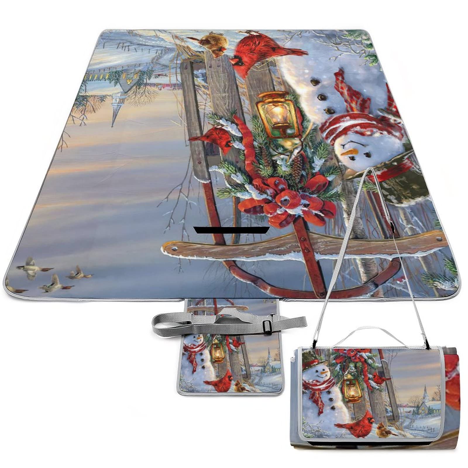 Fantasy Rural Farmhouse Soft Waterproof Folding Picnic Blanket Retro Oil Painting Winter Snowman Bells Bird for Sandproof for Camping Travelling Hiking 58.3x58.3 Inch