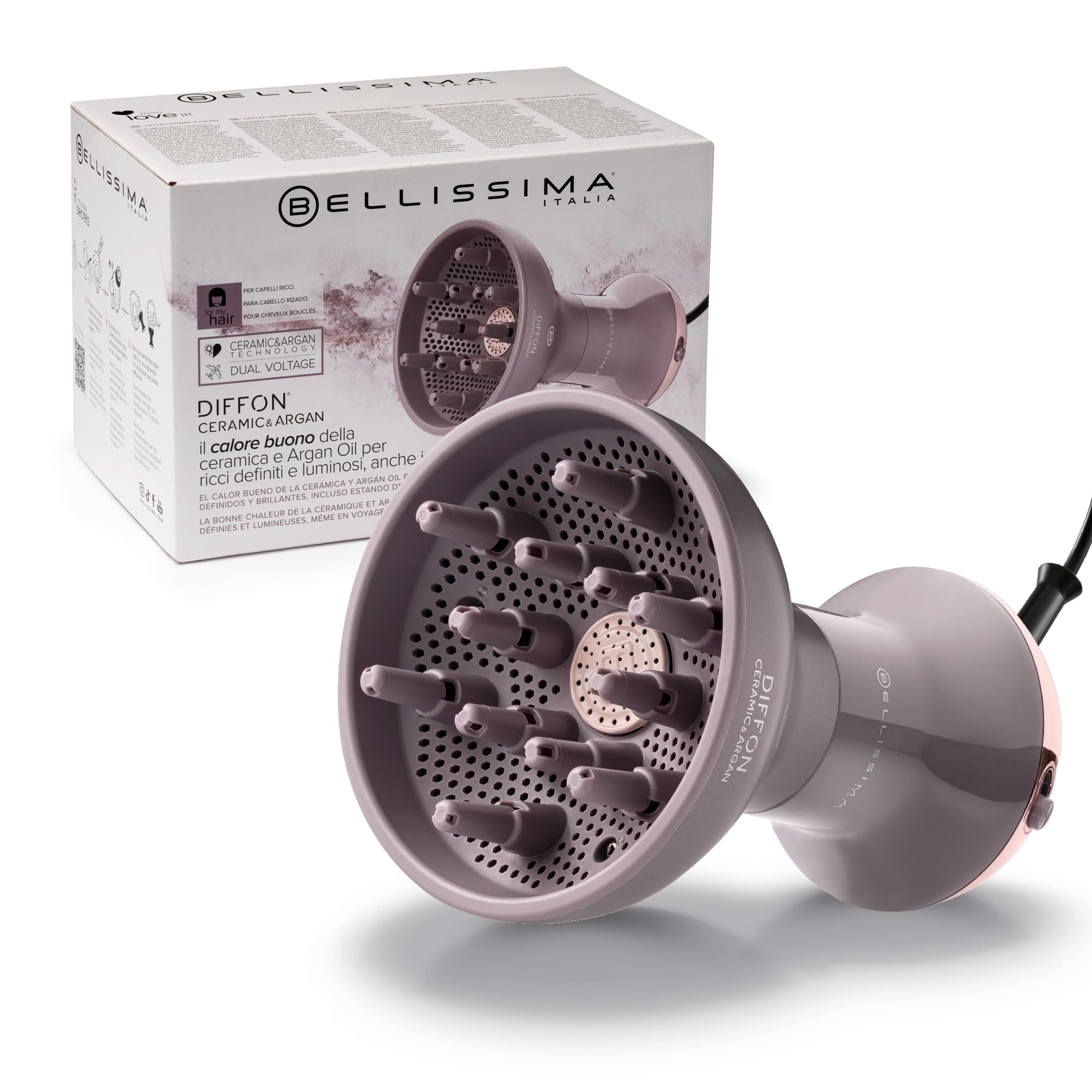 Bellissima Imetec Diffon Ceramic & Argan: Diffusore per Capelli Ricci con Olio di Argan per Ricci Definiti, Luminosi e Idratati – Azione Anti-Crespo, Asciugatura Delicata, Doppio Voltaggio