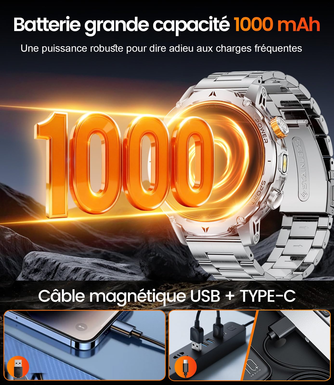 LIGE 1000mAh Montre Connectée Homme, 1,7" Smartwatch Militaire avec 110+ Modes Sportifs, IP68 Étanche, Appel Bluetooth, 24H Fréquence Cardiaque, Podomètre Android iOS,3 Bracelets,2 Chargeurs,EF24-B