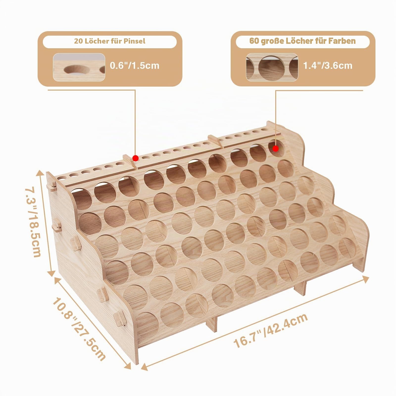 Großer Farb-Organizer aus Holz mit 60 Flaschen, 60 Flaschen, Pinselregal für Acryl, Öl, Handwerk, Hobby, Mini-Modellfarbe, Mal-Organizer für Künstler (horizontal)