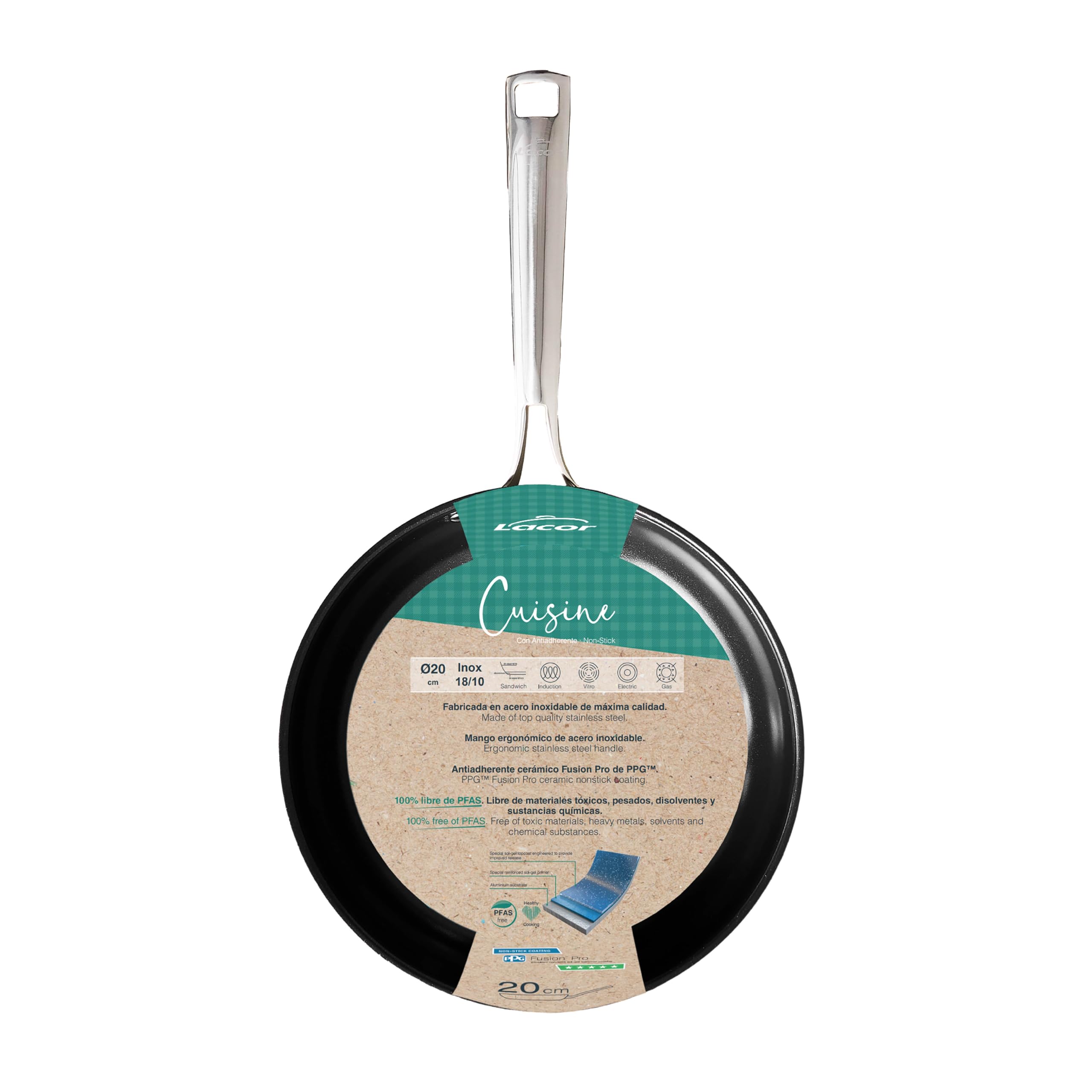 LACOR - 44424 - Padella in Acciaio Inox 18/10 Cucina, Padella Antiaderente, Adatta a tutti i tipi di Fornelli Compresa l'Induzione, 100% Senza PFAS, Ø24 cm