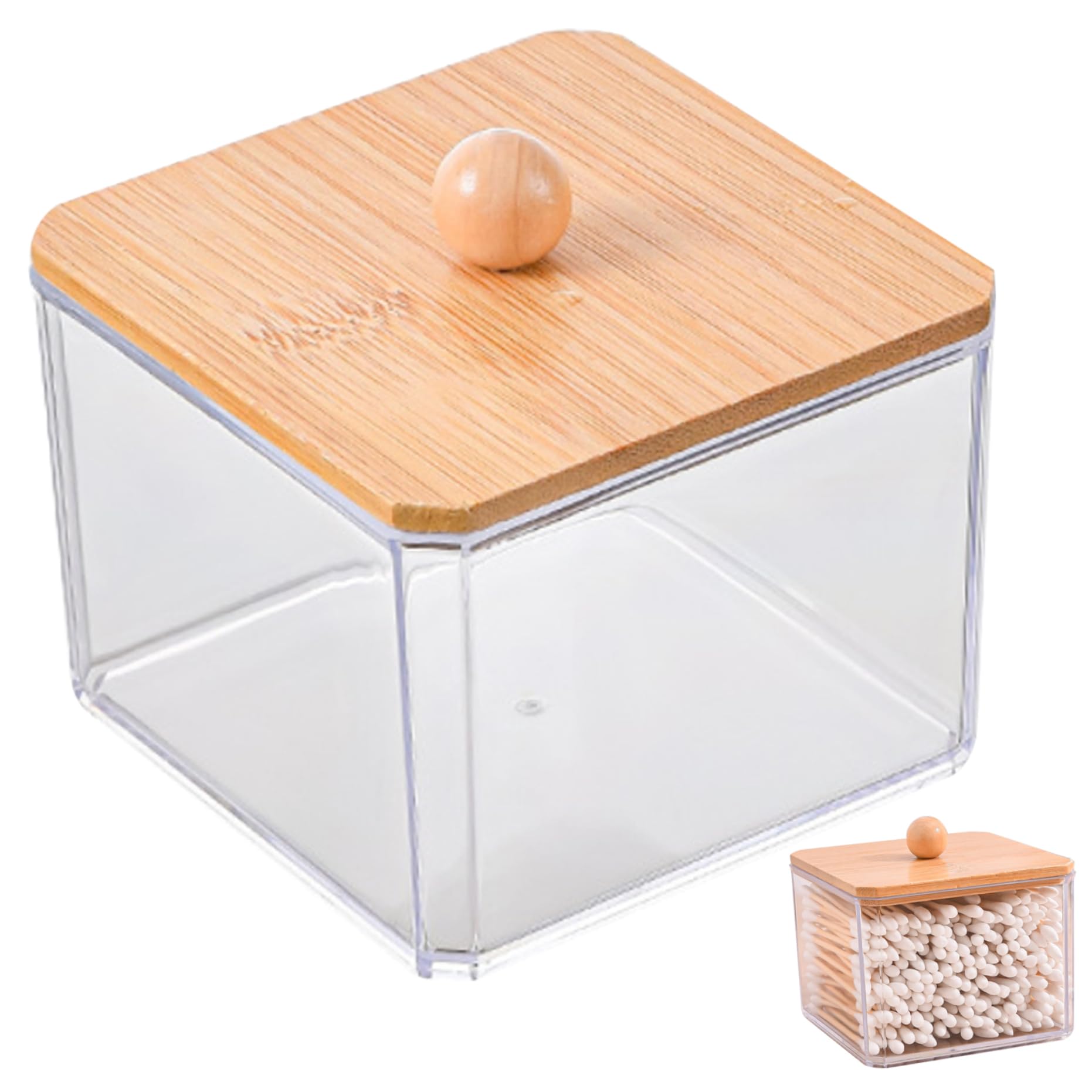 Awnsimfreien 1 Layer Cotton Ball Holder, Cotton Swab Container With Bamboo Lid Transparent Dustproof Ball Holder Moistureproof Waterproof Swab, Container