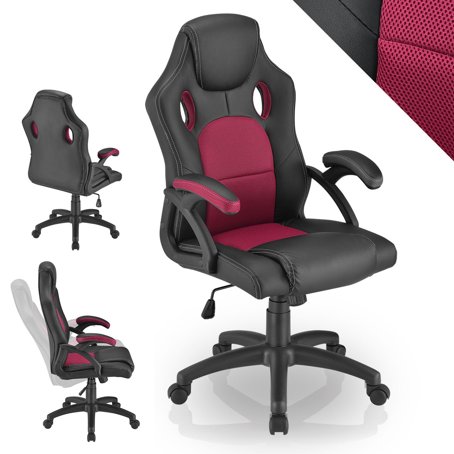 Juskys Sedia racing da scrivania Montreal bordeaux | Braccioli imbottiti e schienale ergonomico | Sedia da ufficio Sedia girevole Sedia da gaming