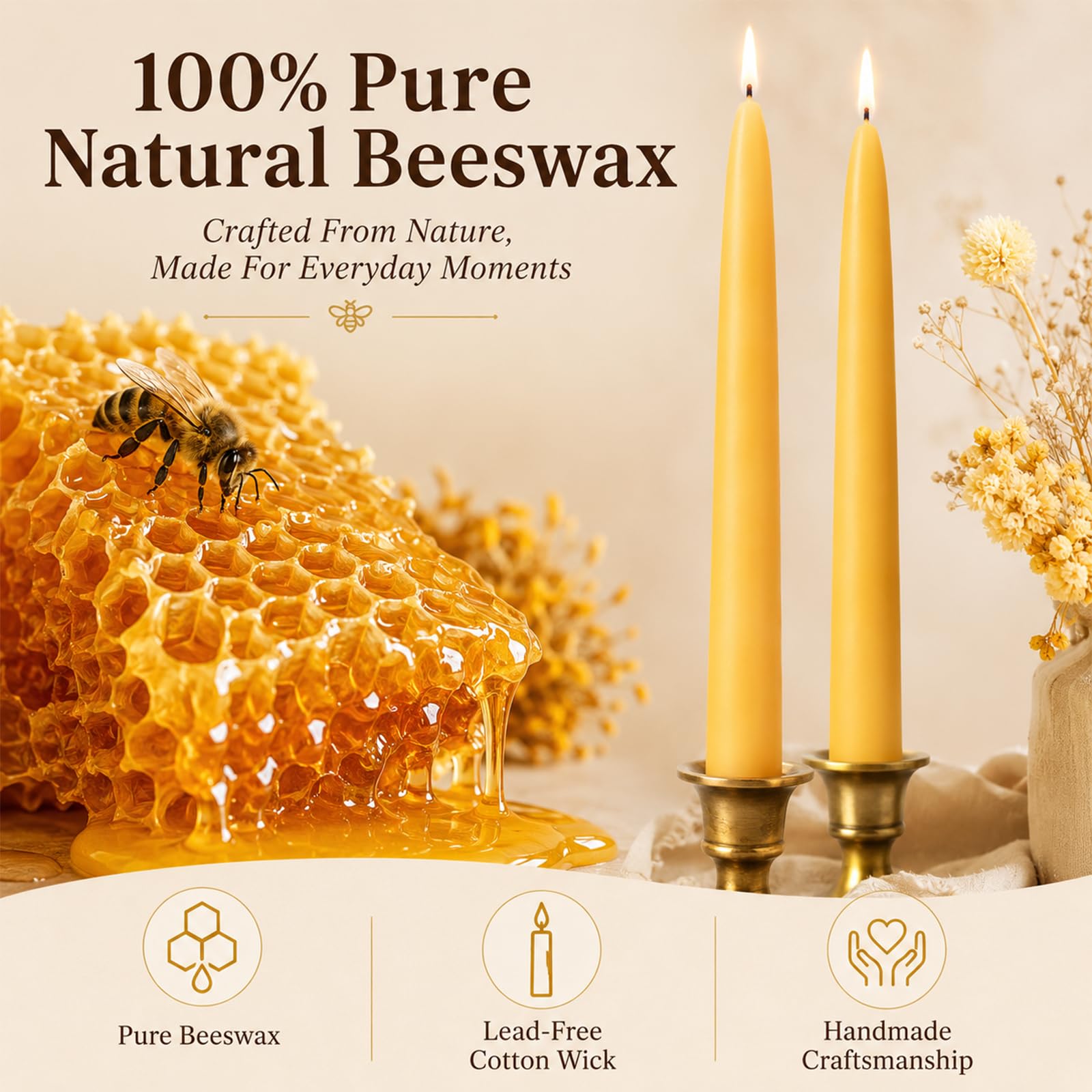 12 velas cónicas de cera de abeja natural de 10 pulgadas, velas de cera de abeja sin humo y sin goteo, 10 horas de tiempo de combustión, candelabros de cera de abeja para decoración del