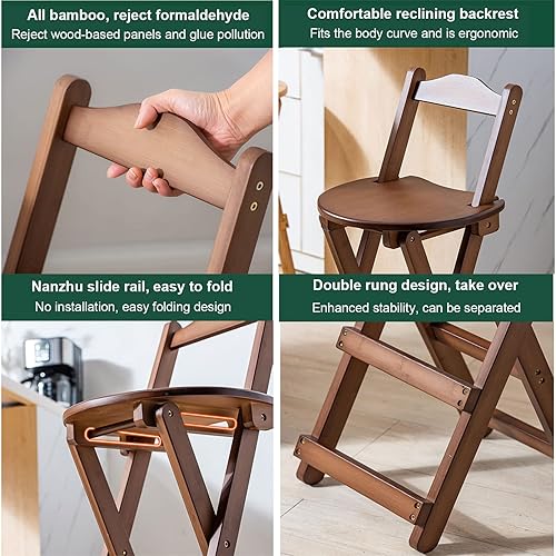 Miniatura 4 de Taburete plegable con respaldo, taburete de bar portátil de altura de mostrador de cocina, reposapiés, silla de madera para el hogar, cocina y