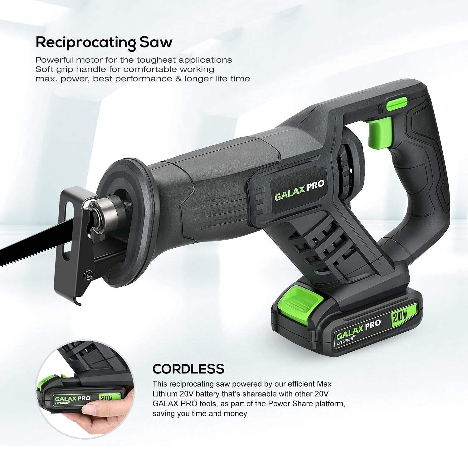 GALAX PRO Sierras alternativas, sierra de pilas,3000 SPM sierra alternativa con batería, profundidad de corte máxima de 150 mm, incluida batería 20 V DC 2.0 Ah, hoja