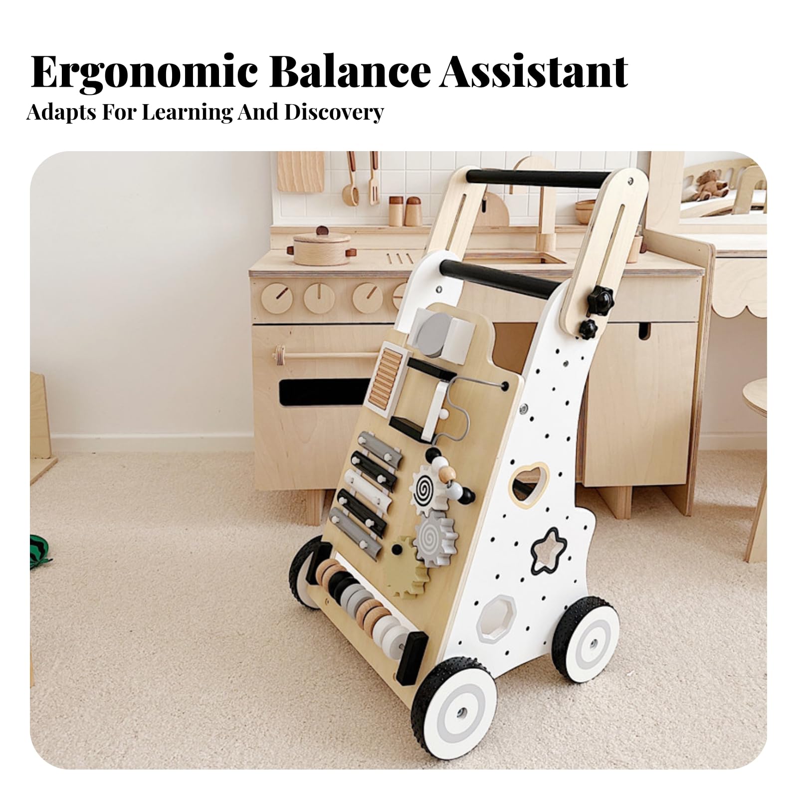 Carrito Empuje Ayudante para Caminar Actividades Ayudante para Caminar Madera Ruedas Acabado y Color Claro
