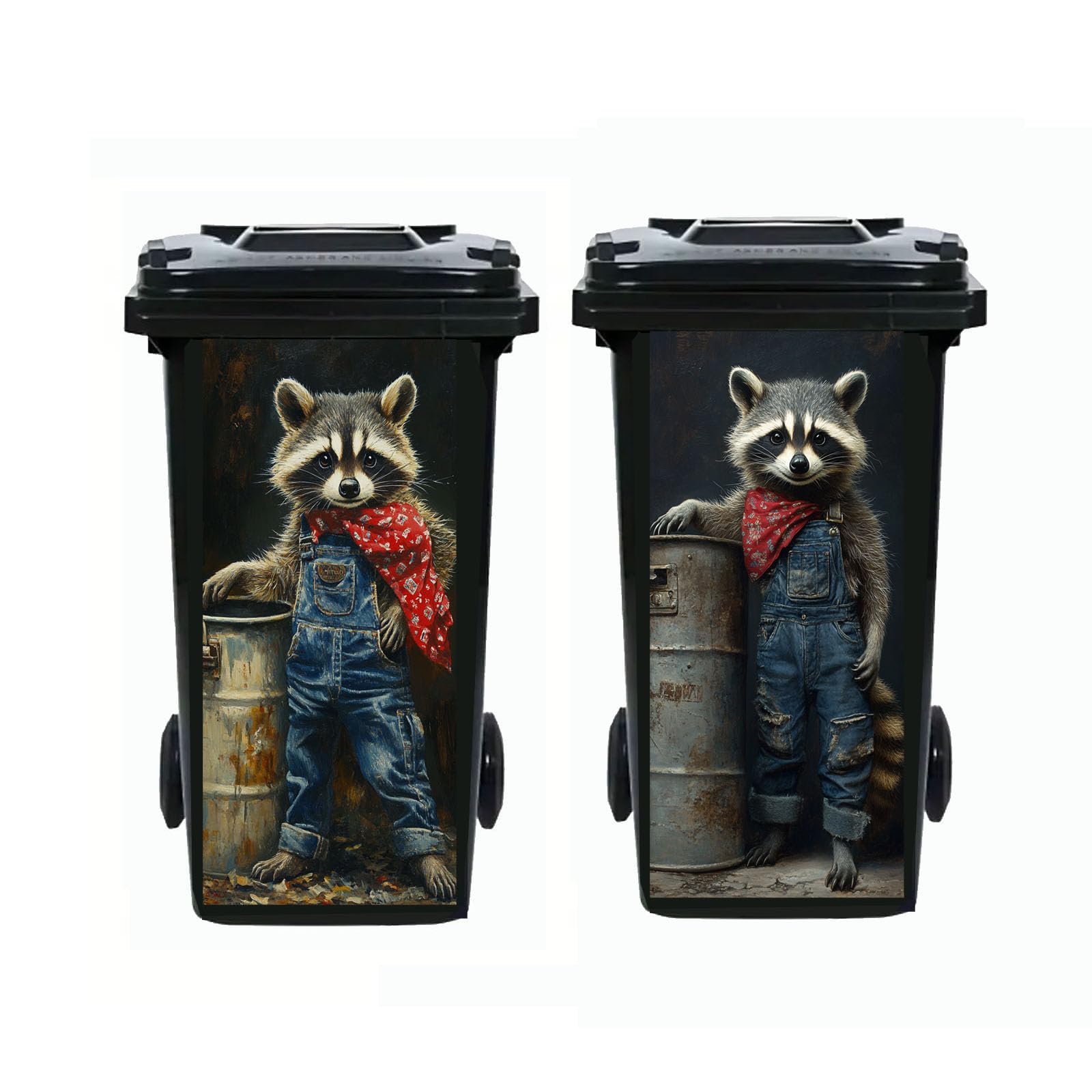 Nouiroy 2Pcs Donkey Dustbin Sticker Decals,14.57×32.28in Raccoon Wheelie Bin Stickers Self Adhesive Panda Peeking Decal for Door Trash Cans Bins Driveway Garden Outdoor Patio Decor (Cowboy Raccoon) — image 1