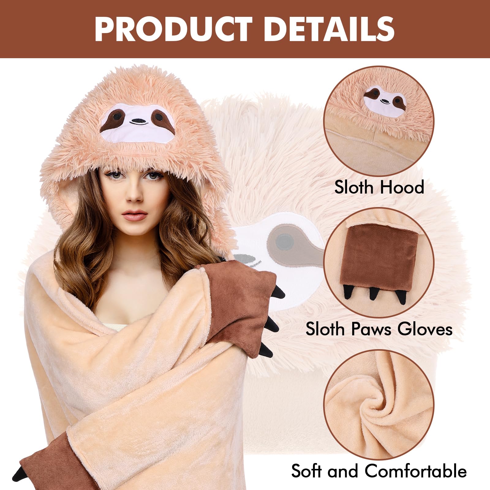 Kssvzz Sloth Gifts for Women, Wearable Hooded Fluffy Blanket, Oversized Warm Soft Blanket, Cute Hoodie Throw Cloak Wrap with Gloves for Girls, Boys, Kids (Pink) - Image 3