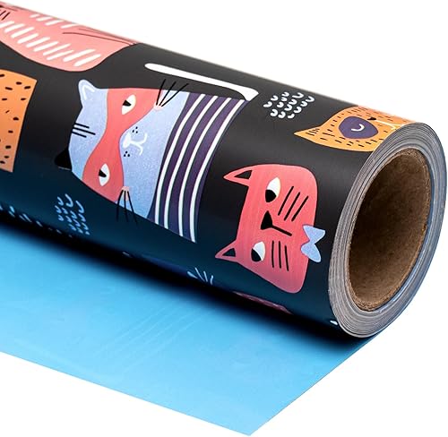 WRAPAHOLIC Papel de regalo reversible, mini rollo, 17 pulgadas x 33 pies, adorable diseño de gato para cumpleaños, vacaciones, fiestas, baby shower