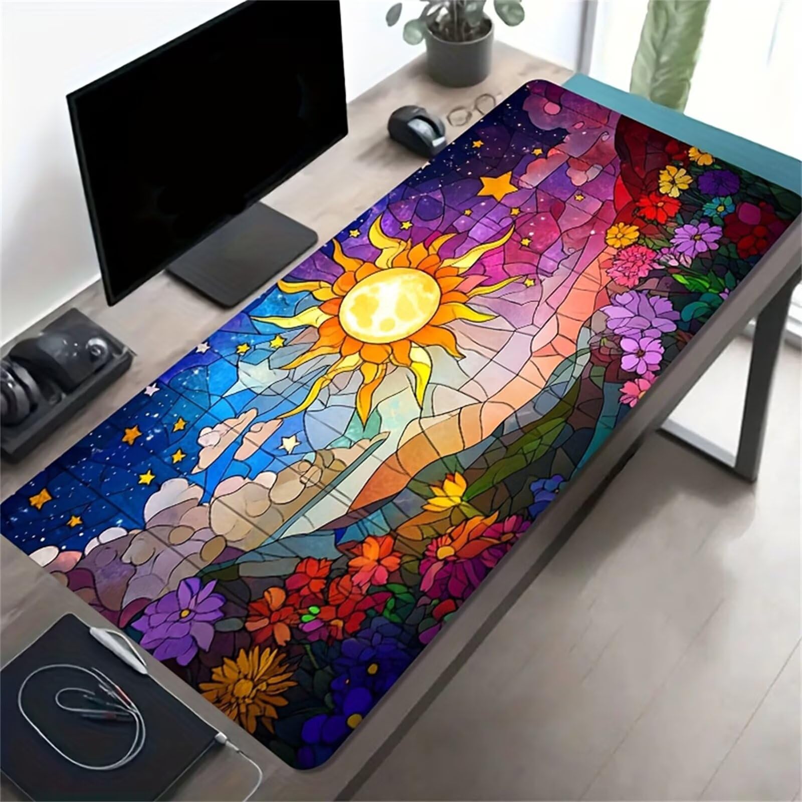 Alfombrilla de Ratón Gaming XXL 1200x600x3mm - Girasol Vidriera - Alfombrilla Escritorio Grande con Base Antideslizante y Bordes Cosidos para PC, Oficina