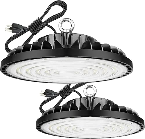 Iluminación comercial de alta bahía LED de 150 W para almacén, taller, granero, gimnasio, cable de 5 pies con enchufe, IP65 21000 lm 5000 K