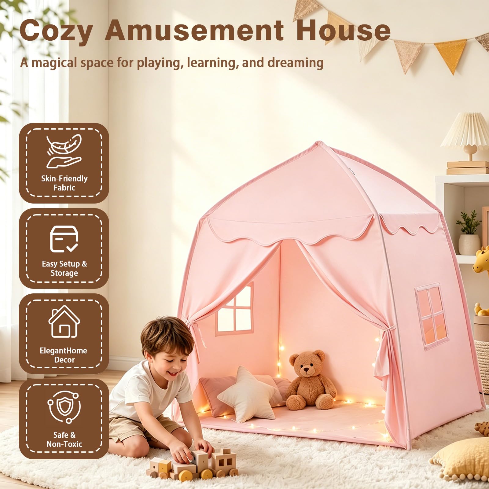 Kinderzelt Indoor Spielhaus Kinder Tipi Zelt für Kinder - Großes Spielzelt Kinder Indoor mit Lichterkette, Faltbar Kinderzelt für Kinderzimmer Oder Garten 150x100x150 cm (PINK)