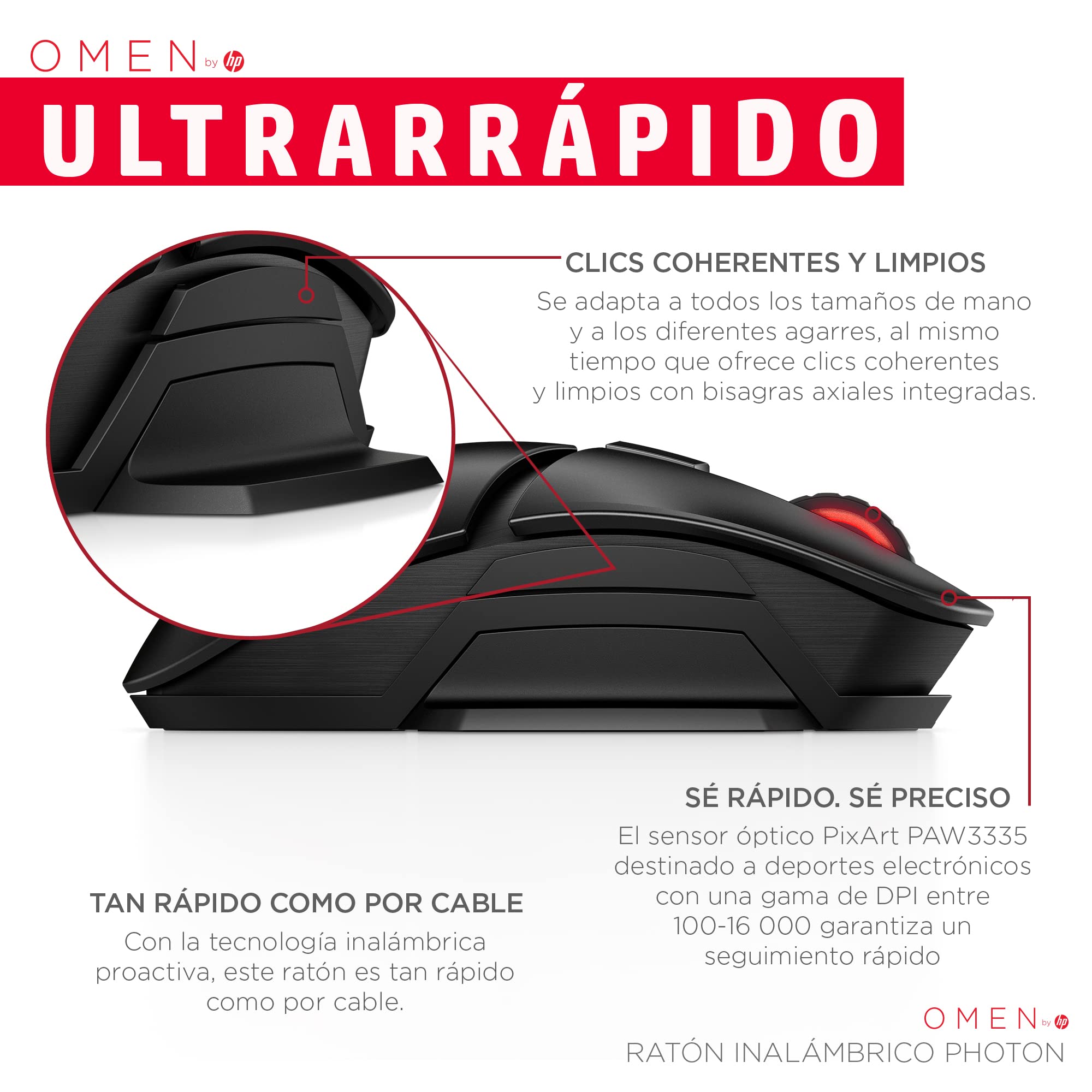HP Photon Omen Ratón Inalámbrico Gaming - (100-16000 PPP, 11 Botones Programables, Batería Carga QI - Duración hasta 50 Horas, RGB LED, Windows 10 y Superior; MacOS 10.11 o Posterior), Color Negro
