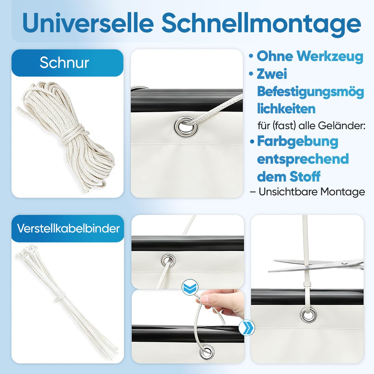 Sekey Balkon Sichtschutz Balkonabdeckung Balkonverkleidung blickdichte Wind- und UV-Schutz, 100% Privatsphäre, mit Ösen, Nylon Kabelbinder und Kordel, 90x600cm, Weiß