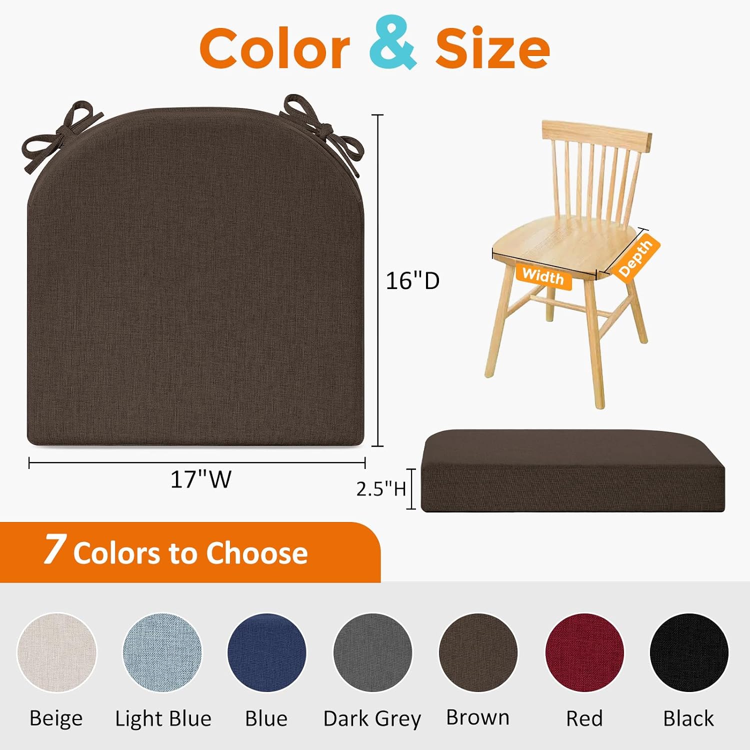 downluxe Memory Foam Linen Kitchen Chair Pads, Chair Cushions for Dining Chairs with Ties, Waterproof, Stain-Resistant and Washable Cover, 17" x 16" x 2.5", Brown, 6 Pack