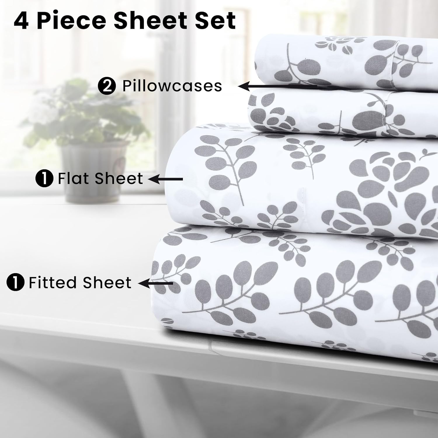 LUX Décor Floral King Sheet Set - 4 Piece Ultra-Soft Microfiber Bed Sheets with Flat Sheet, 16 Inches Deep Pocket Fitted Sheet & Pillowcases, Breathable, Bedroom Decor, Oeko-TEX - White Grey