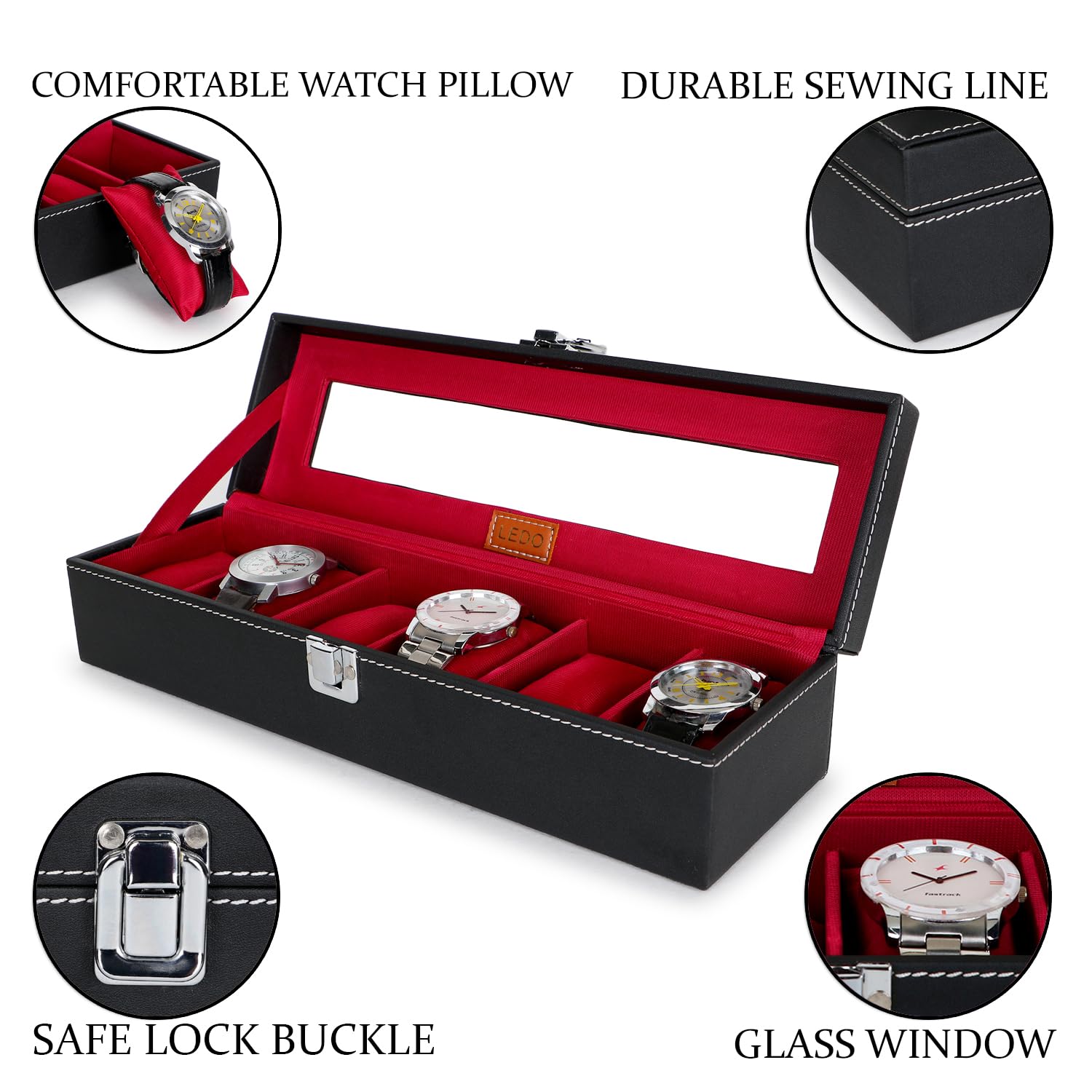 LEDO Watch Box Holder Organizer Case in 6 slots of Watches with Transparent Look Black & Cherry color Velvet 3