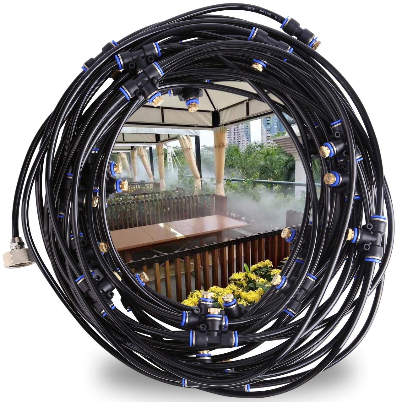 ACBungjiAir Misting Outdoor Cooling System Easy Set 18M Misting line + 28Brass Mist Nozzles + 1Metal Threaded Adapter(3/4") for Watering Fan Patio Garden Umbrellas Greenhouse Trampoline for Waterpark