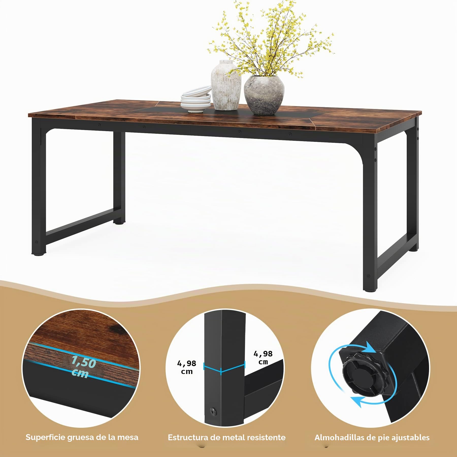 Tribesigns Mesa de Comedor Industrial para 6-8 Personas, 180 x 90 x 77 cm, Mesa de Comedor Rectangular para Comedor, Salón, con Patas de Metal Duraderas, Marrón Rústico