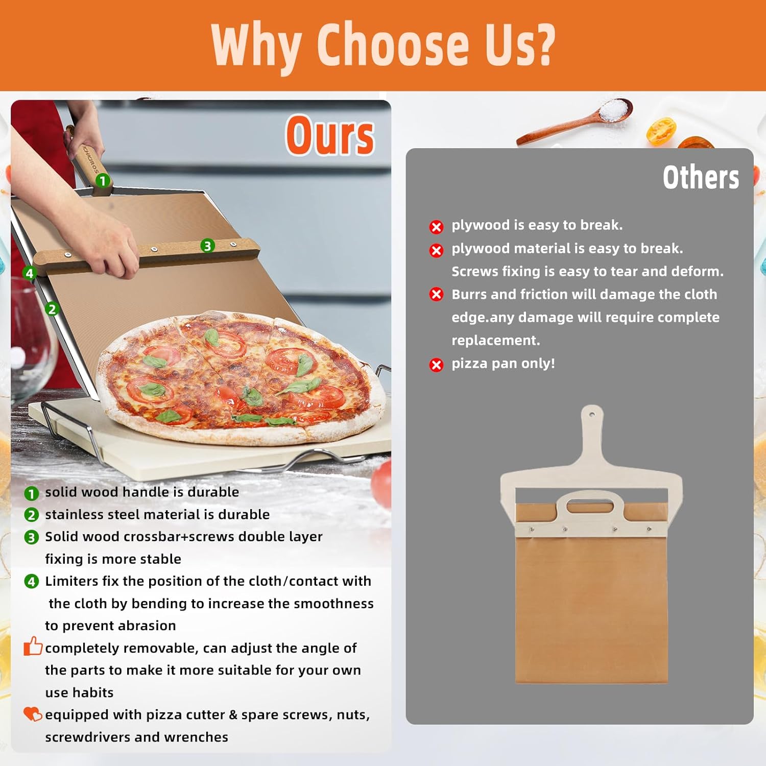 Non-Stick Sliding Pizza Peel 16" & 22x13 Metal Board, Bamboo Paddle w/Detachable Handle & Free Pizza Cutter for Beginners, Outdoor Oven Baking