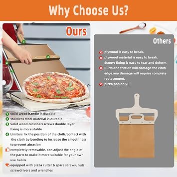 Non-Stick Sliding Pizza Peel 16 & 22x13 Metal Board, Bamboo Paddle w/Detachable Handle & Free Pizza Cutter for Beginners, Outdoor Oven Baking