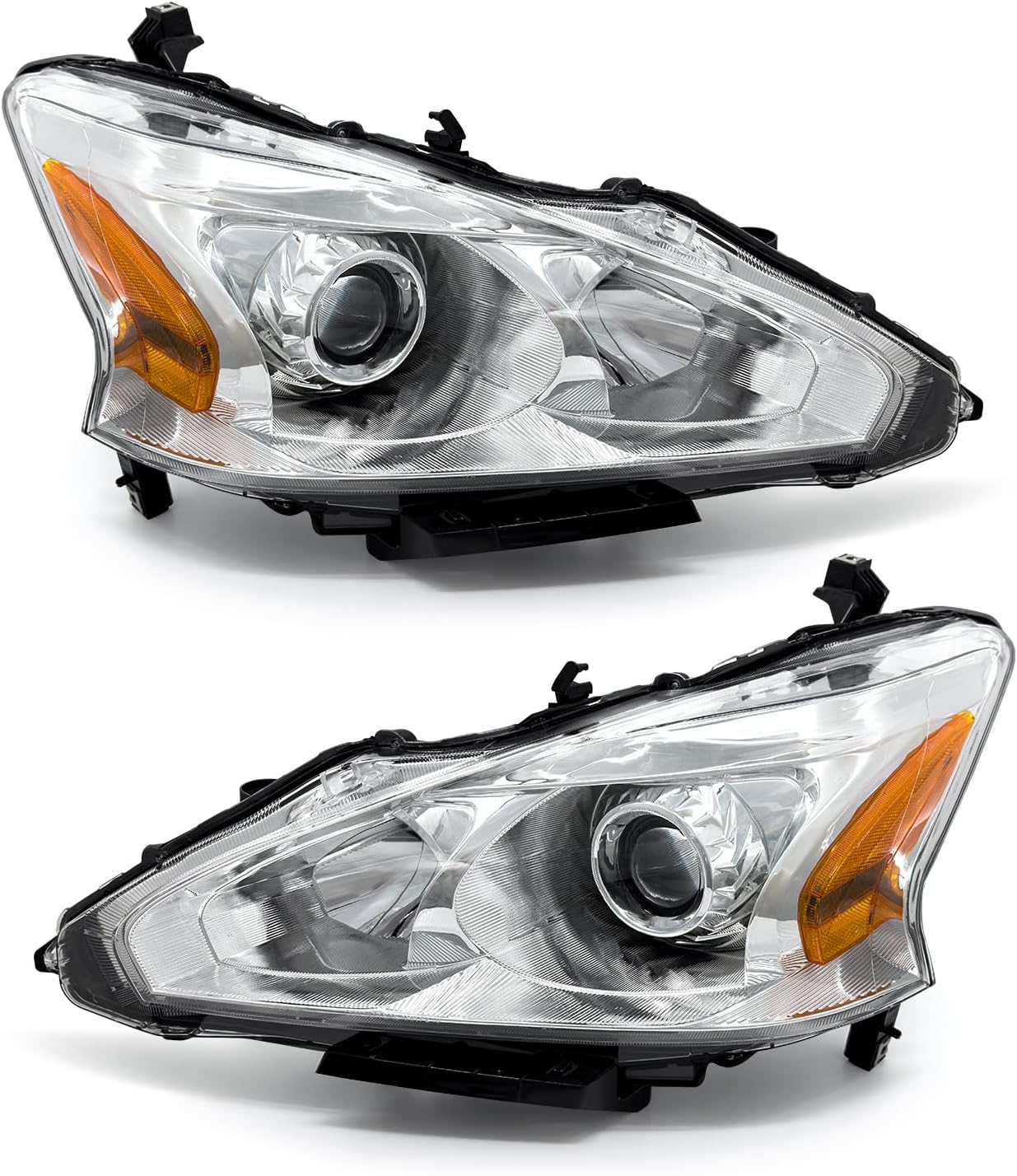 Headlight Assembly for Nissan 2013-2015 Altima 4Door fit 13 14 15 Nissan Altima Headlamp Clear Lens Chrome Housing with Amber Reflector Replacement Driver and Passenger Sides（W/O Bulbs）