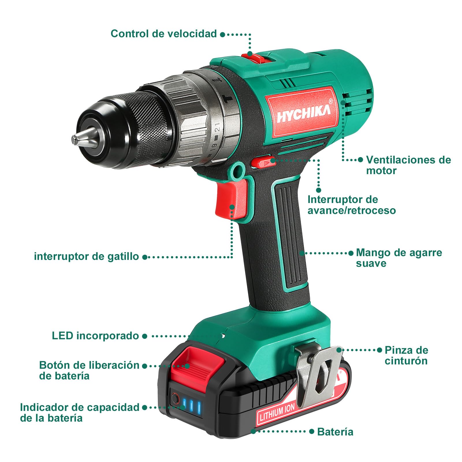 HYCHIKA Taladro Percutor Atornillador 18V 45Nm, Taladro Percutor con 2.0 Ah Batería, 27 Accesorios, 21+3 Ajustes de Par, 2 velocidades ajustables,Cargador Rápido, Para Reparaciones en El Hogar