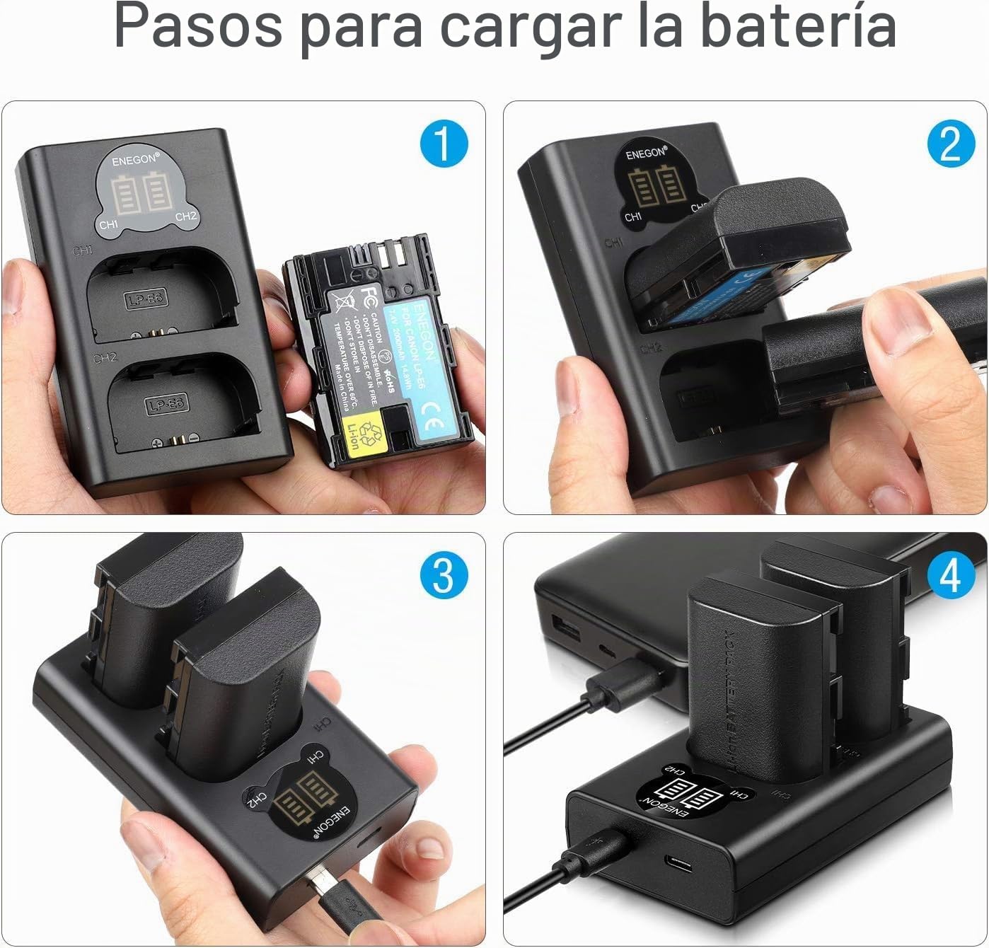 ENEGON LP-E6 Batería de Repuesto (Paquete de 2) y Smart LED Cargador Dual USB para Canon LP-E6, LP-E6N y Canon EOS 5D Mark II/III/IV, 5DS, 5DS R, 6D, 7D, 7D Mark II, 60D, 70D y más