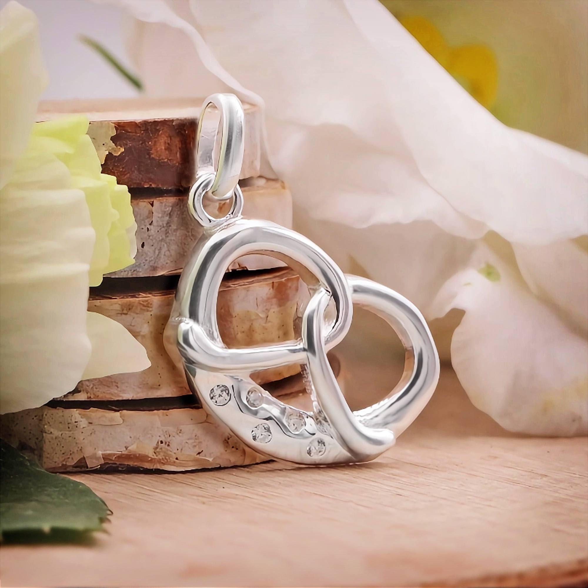 CLEVER SCHMUCK Brezel Kette Silber 24 mm mit 5 Zirkonias als Salzkrümel & Erbskette 45 cm Sterling 925 Wies´n Schmuck im Etui creme