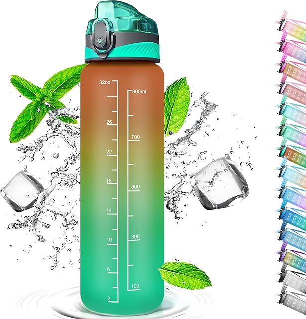 Auckpure Sports Water Bottle 1 Litre, Time Markings and With Straws Bottles, Water Bottle Opens With 1-Click, Suitable for Fitness, Outdoor, Camping, Yoga, Cycling and Drinking Bottles