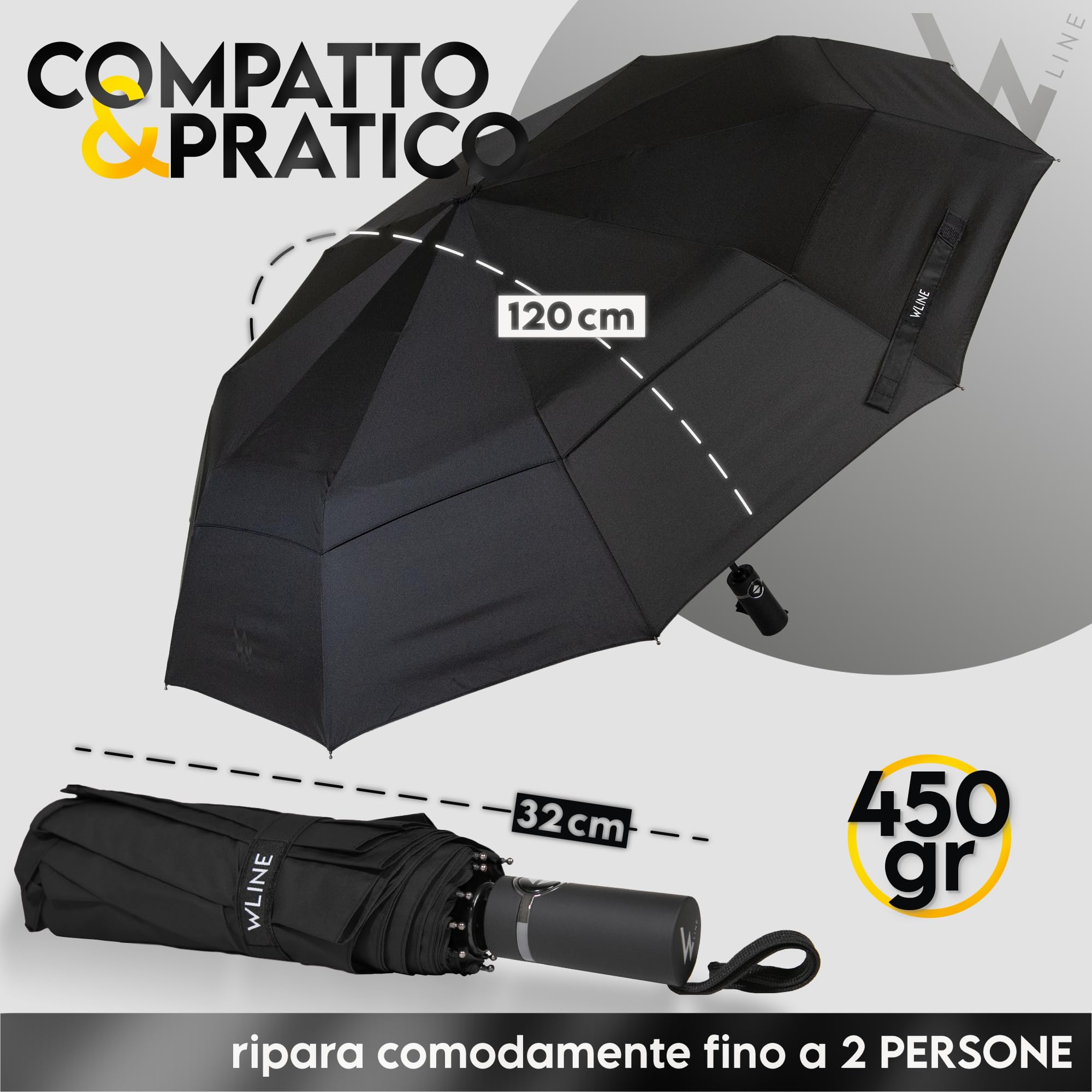 WLine Wind Ombrello Pieghevole Antivento da Pioggia con 10 Aste Rinforzate e Tela Idrorepellente 210T - Ombrello Portatile Resistente Apri e Chiudi Automatico, Diametro 104cm (Nero con Custodia)