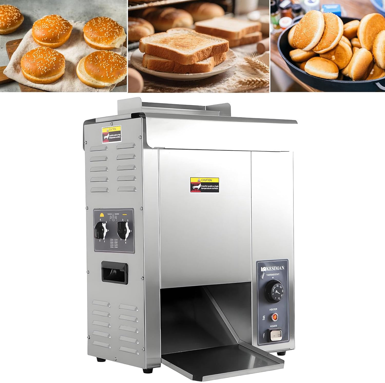 2000W 110V Automatic Commercial Conveyor Toaster 50℃-300℃ Temp, Stainless Steel Bread Toasting Machine Overheat Protection, Dual Inlet, for Burger Bun, Restaurant, Hamburger Shop