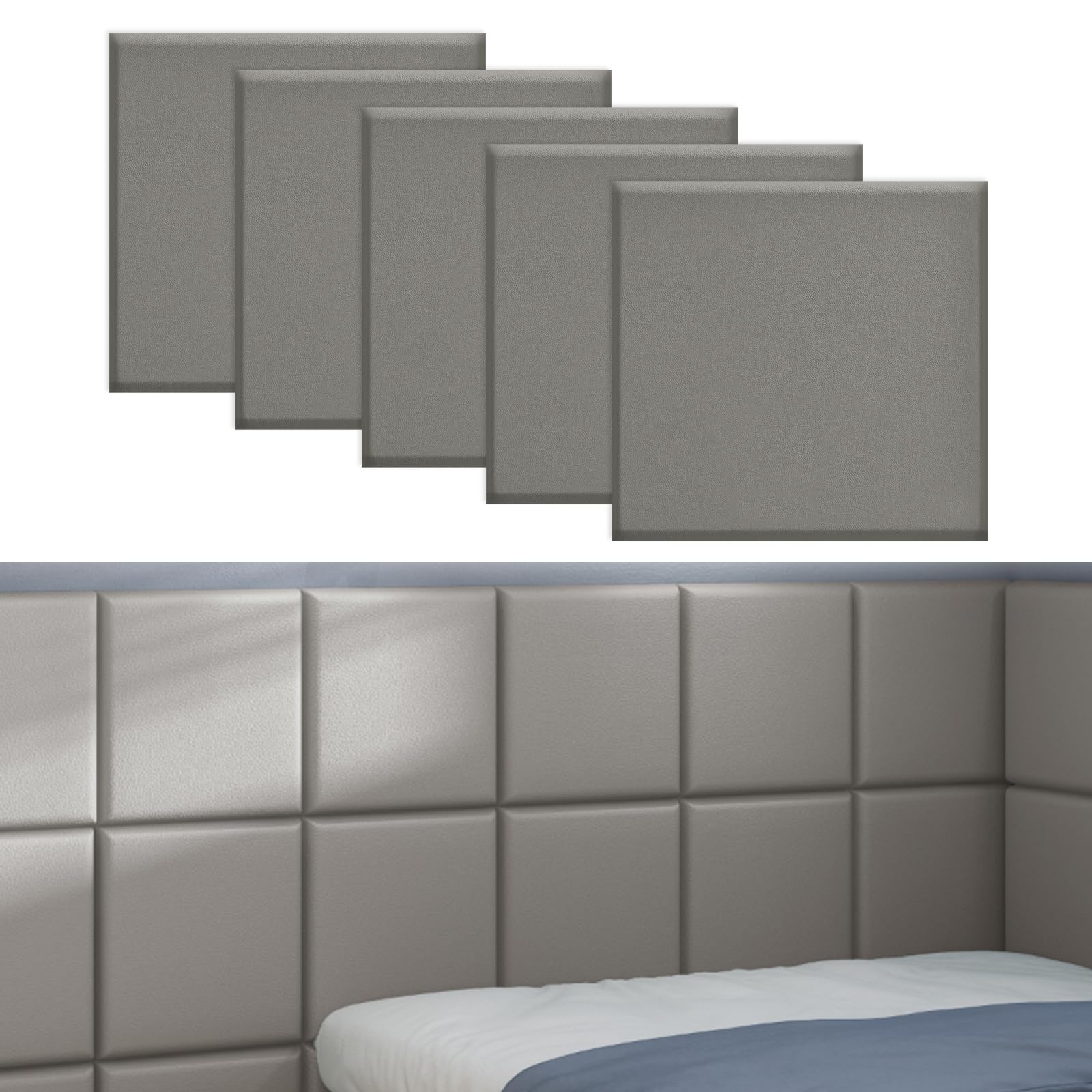 Tokenhigh 4Pcs Anti-Collision Wall Padding, 35x35cm Self Adhesive Headboard Panels, Shockproof Padded Wall Panel, Peel and Stick Wall Cushion Protection for Nursery Bedroom Playroom (Light Grey)