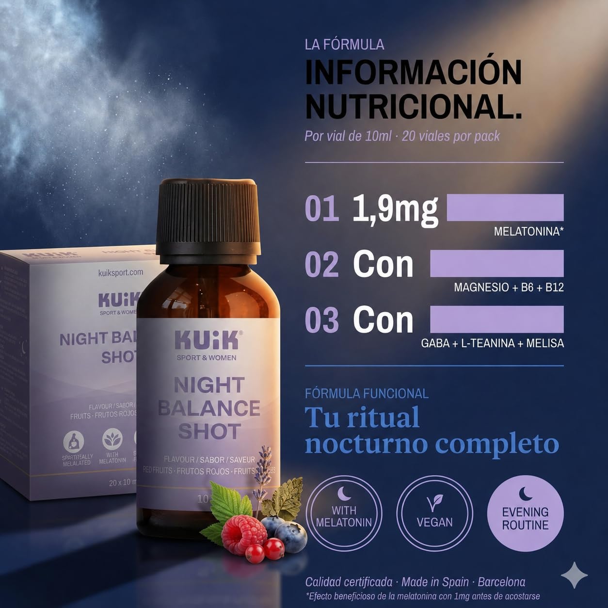 Night Balance Shot con Melatonina, Magnesio y L-Teanina – Complemento Alimenticio Líquido para el Descanso – Con GABA y Extractos Vegetales – Sabor Frutos Rojos – 20 Viales – KUIK Sport