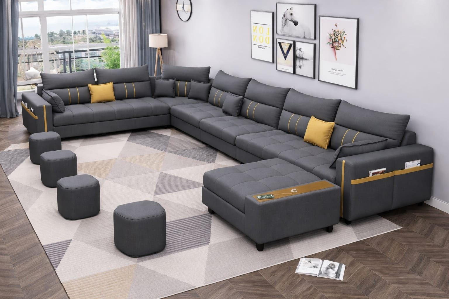 Whiteway Furniture Leatherette Sofa Set for Living Room, Bedroom, Office, Home| U Shape 8 Seater Sectional Sofa Set with Central Table, Cup Holder, 7 Cushion & 4 Stool | 1 Year Warranty.(Grey)-image-25