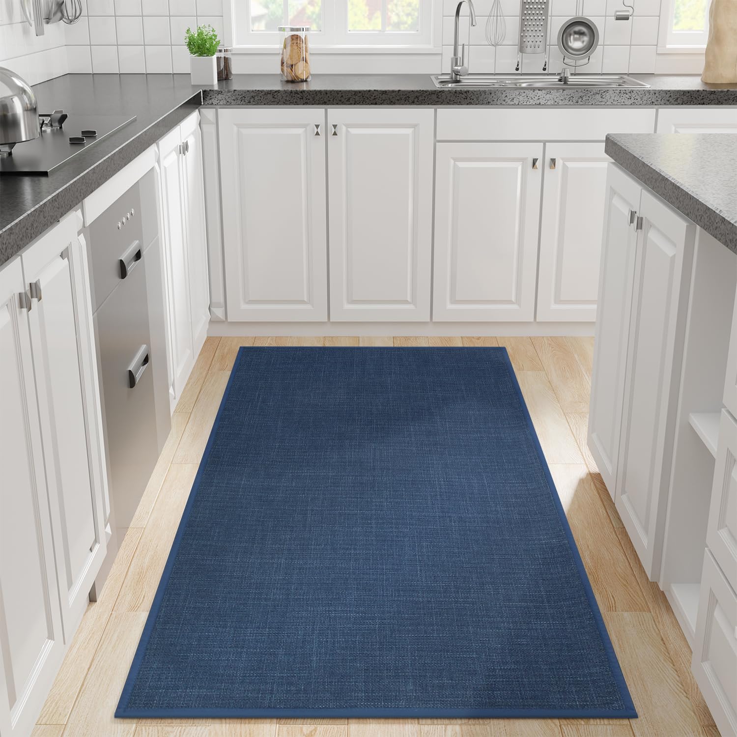 Hargiis Kitchen Rug, Rubber Non Slip Kitchen Rugs Washable, Absorbent Runner Mat for Floor, Machine Washable Standing Mats for in Front of Sink, Door, Laundry, Entryway (Navy Blue, 71" × 35.5")